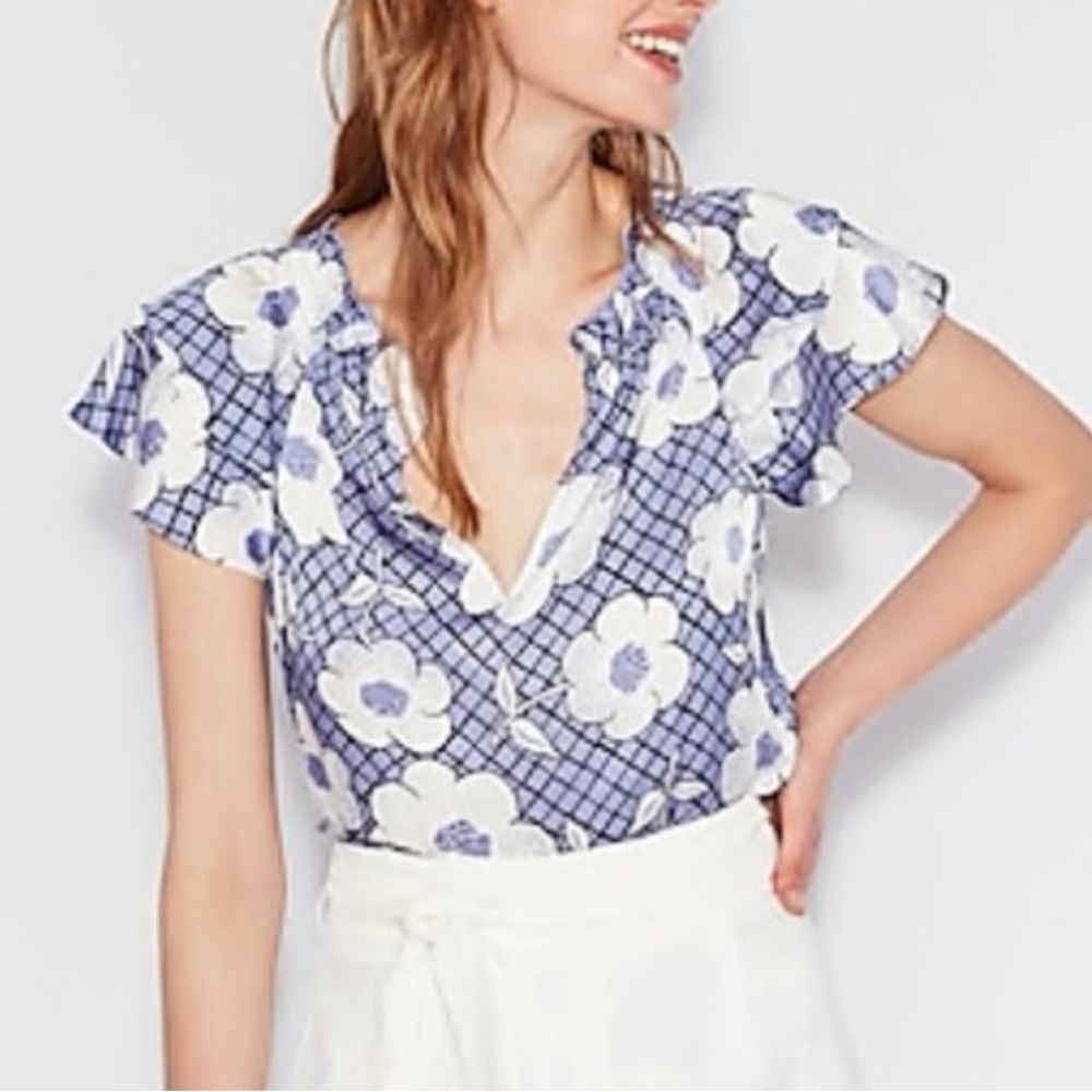 Express Women’s Top Short Sleeve Blouse Floral Purple White Size XS/TP